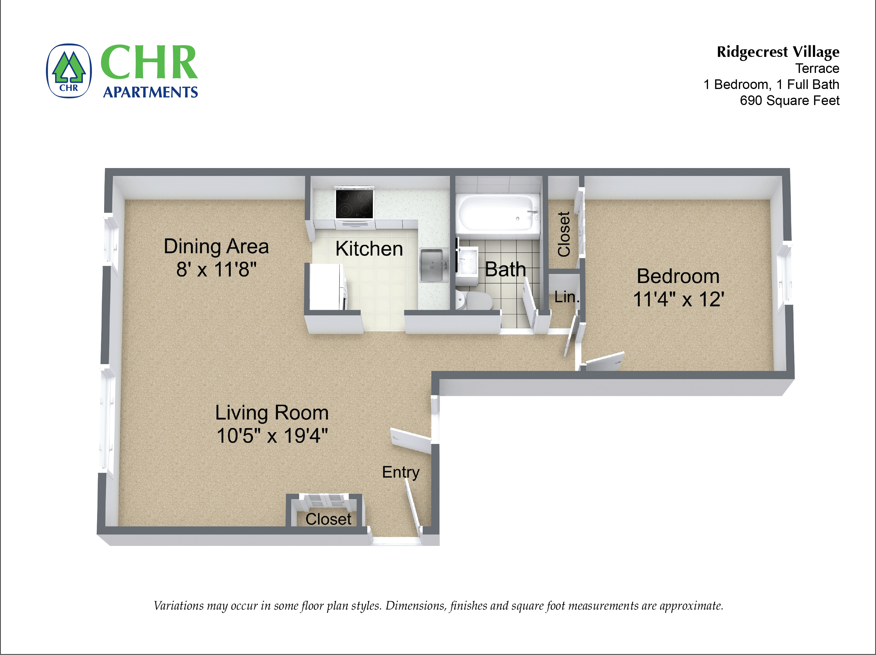 Floor plan for 1 bed, 1 bath, 773 sqft